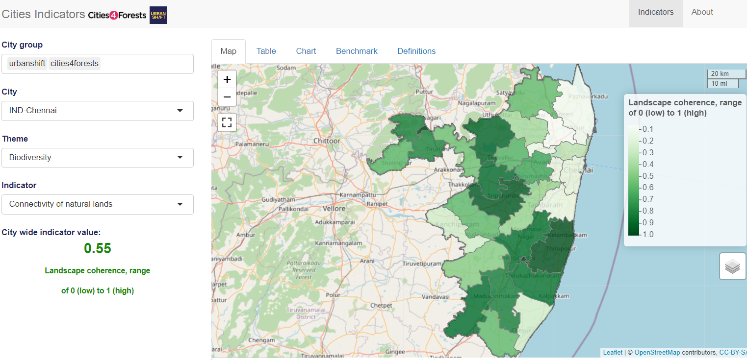 um mapa mostrando a conectividade das áreas verdes em chennai, índia